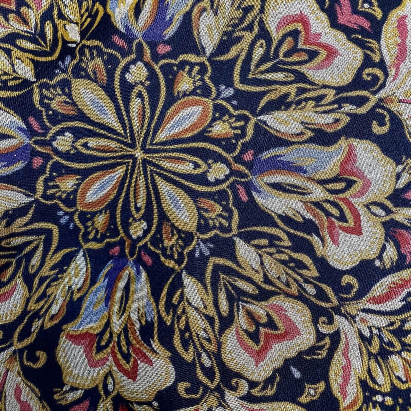 Johnny Was Blouse<br />
100% Silk<br />
Boho Floral Medallion Print<br />
Navy, Gold, Cream, and Pink<br />
Size: Small