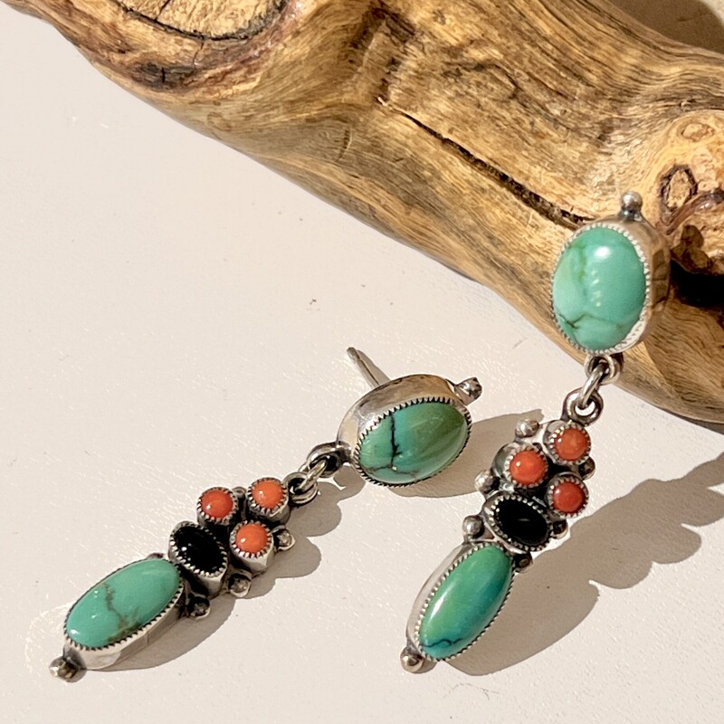 Sterling Turquoise & coral drop earrings