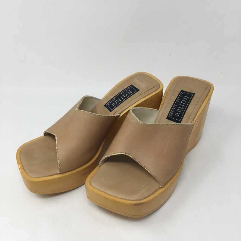 105-302 Frattini, Tan, Size: 36
and yellow wedges with thick strap in the front n/a  good condition