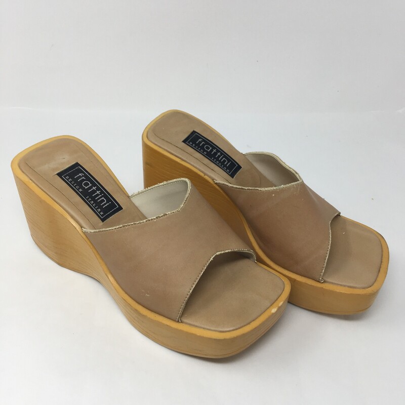 105-302 Frattini, Tan, Size: 36
and yellow wedges with thick strap in the front n/a  good condition