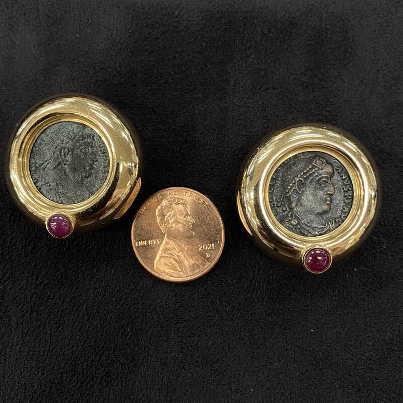 Estate Vintage 14KT Yellow Gold Earrings
European Etruscan Bronze Roman Coin
With Cabochon Bezeled Ruby and Omega Backs