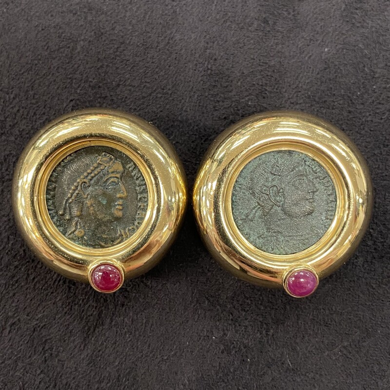 Estate Vintage 14KT Yellow Gold Earrings<br />
European Etruscan Bronze Roman Coin<br />
With Cabochon Bezeled Ruby and Omega Backs