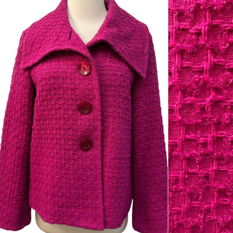 New Pendleton Jacket
Color: Fuchsia
Size: 10 Petite
Virgin Wool, Lambs Wool and Mohair Blend