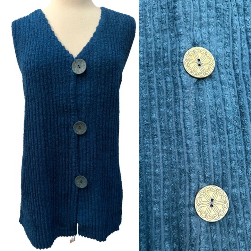 NEW Focus Casual Life Chenille Vest
Preshrunk 100% Cotton
Pockets!
Cute Buttons
Dark Teal
Size: Small

In store we have sizes:  Medium, Large, and XLarge
