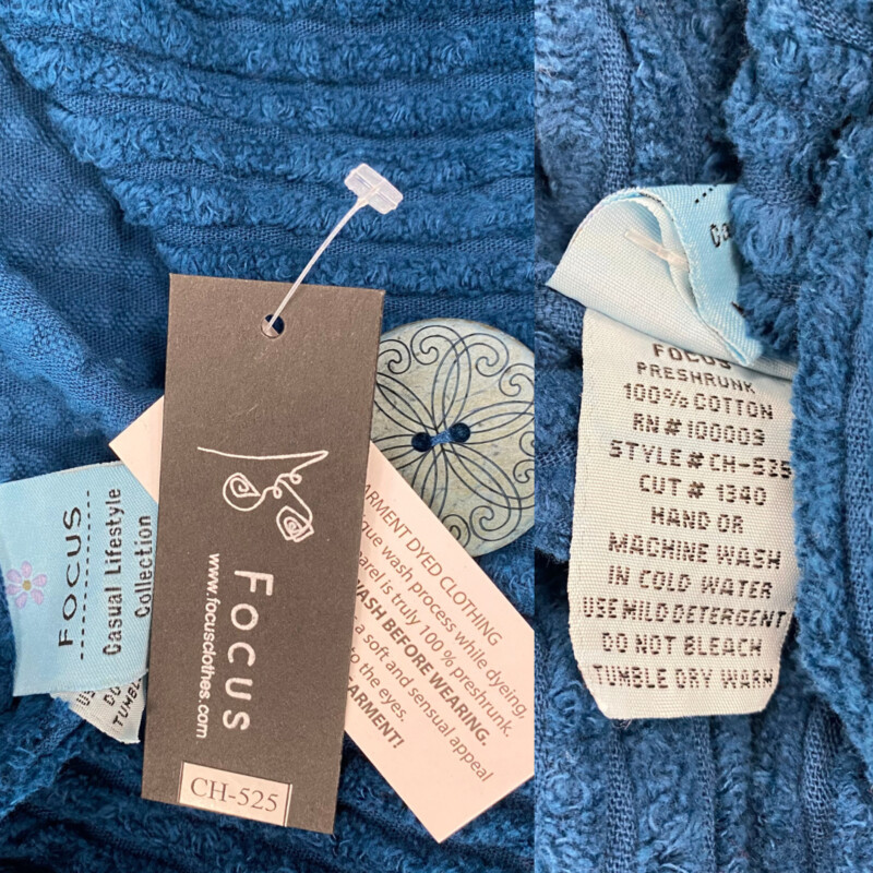 NEW Focus Casual Life Chenille Vest<br />
Preshrunk 100% Cotton<br />
Pockets!<br />
Cute Buttons<br />
Dark Teal<br />
Size: Small<br />
<br />
In store we have sizes:  Medium, Large, and XLarge