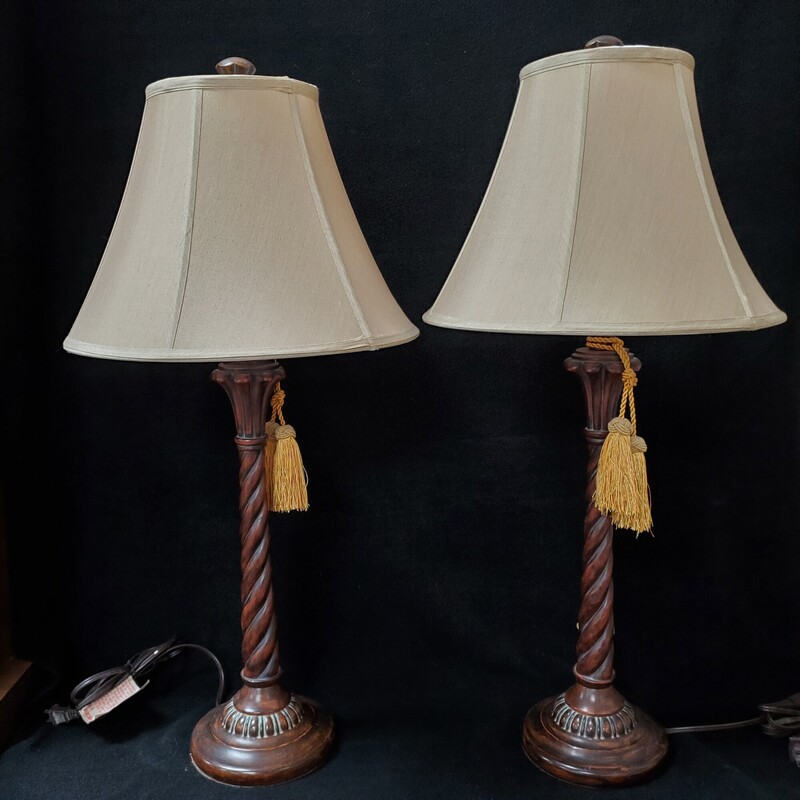 Pair Wood Lamps W Tassels, Brown, Size: 32