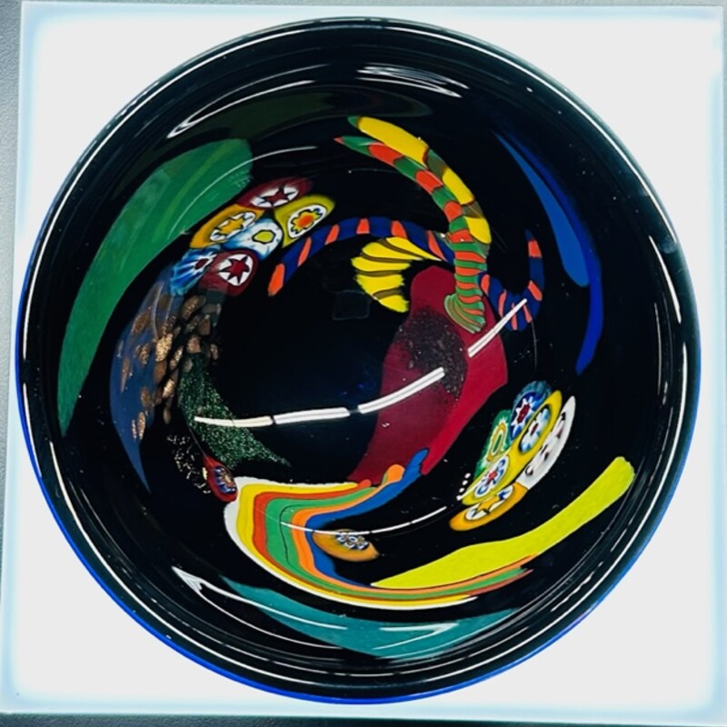 Swedish Artisan Swirl Bowl
Thick Black and Multi Primary Color Glass
Size: 9x4H
Artisan Signed Retail $500