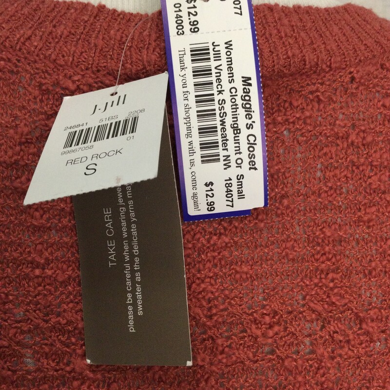 JJIll Vneck SsSweater NWT, Burnt Or, Size: Small<br />
Available in store or online. Pick Up at Store or  Have Shipped<br />
All Sales Are Final > No Returns