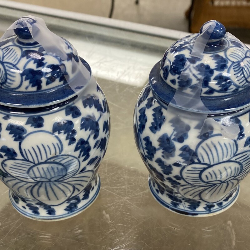 2x Small Asian Ginger Jars, Blue/Wht, Size: 3.5x4.5 In