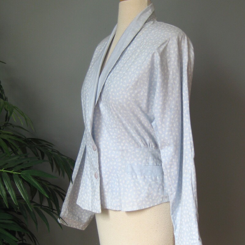 Vtg Impact Tiny Floral Bl, Blue, Size: Medium
This blue and white cotton top has long sleeves and a deep v surplice wrap necklilne.
It's by Impact
It closes with two center front buttons.
tiny floral print in white on a pale pale baby blue background
The little pockets at the waist are shallow but functional

Excellent condition, no flaws

Here are the flat measurements, please double where appropriate:
shoulder to shoulder: 16
armpit to armpit: aprox 19
length: 23

Thanks for looking!
#60548