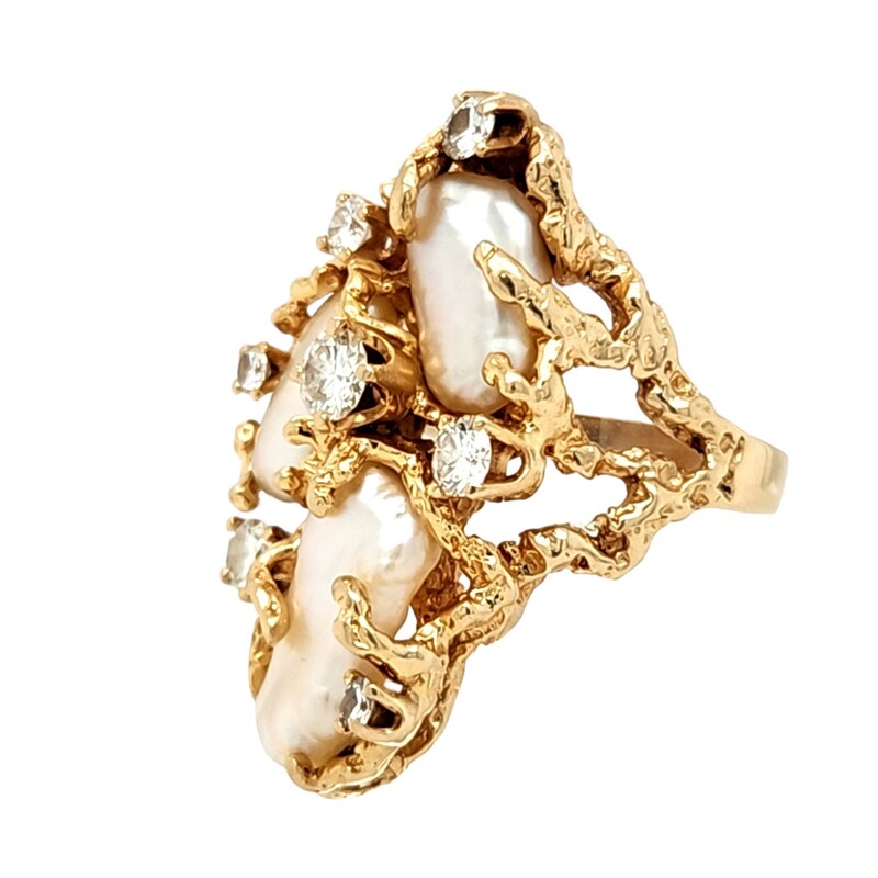 Ladies Pearl and 7 Diamond Ring with Bark Style Prongs - Custom Made<br />
14 Karat Yellow Gold