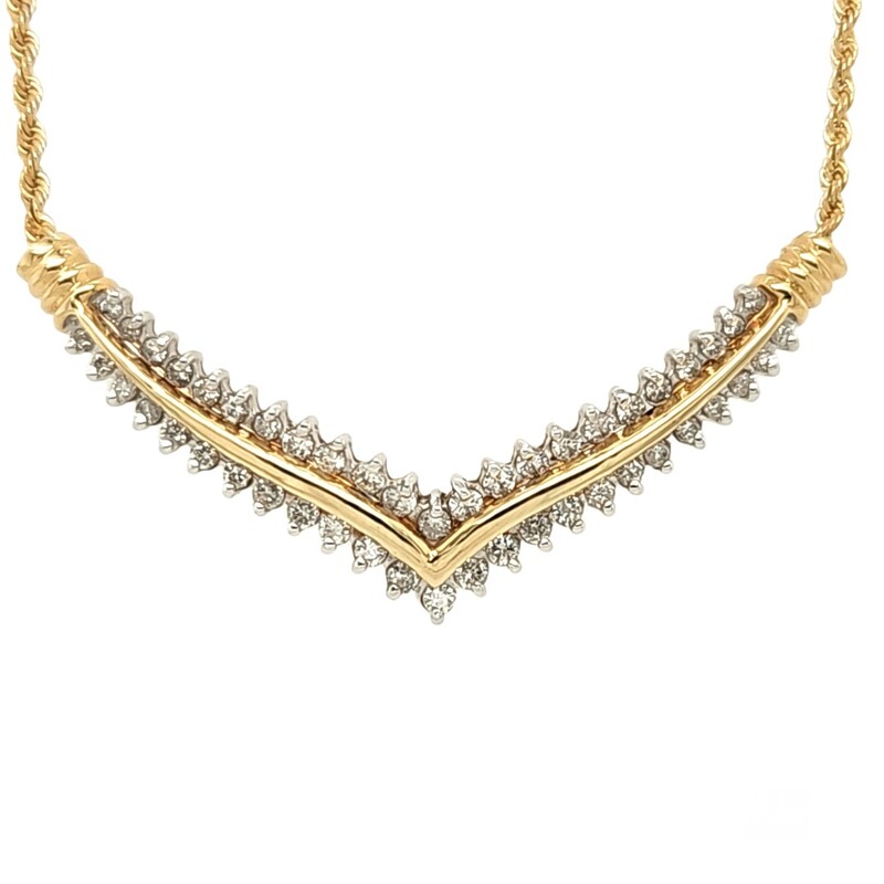 1/2 Carat Towl Weight Diamond V Necklace
18\" Total Length
2mm Rope with Barrel Clasp and Safety
14 Karat Yellow Gold