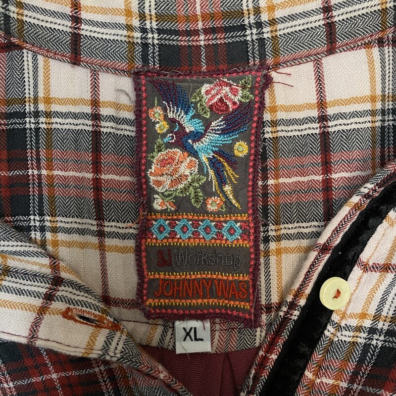 Boho Johnny Was Flannel Tunic Blouse<br />
With Velvet Floral Embroidery on Back<br />
Cream, Burgundy,Teal, Pink, Orange, Blue, and Red<br />
Size: XLarge