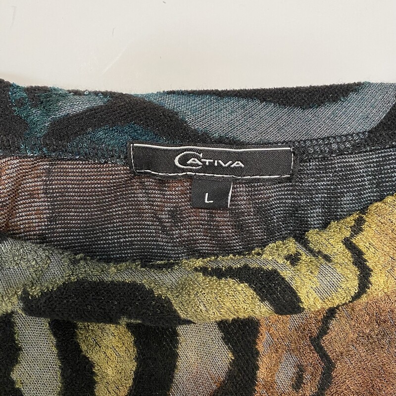 Cativa Textured Tunic Top<br />
Abstract Animal Print<br />
With One Pocket<br />
Color: Teal, Black, Green, Gold, Gray<br />
Size: Large