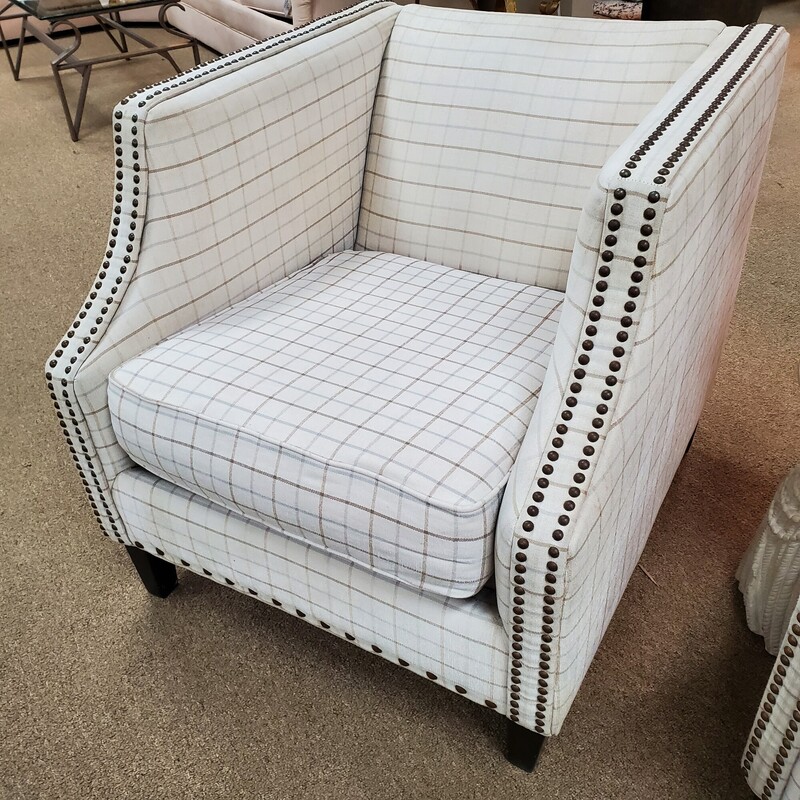 Pair Plaid Nailhead Armchairs, Cream, Size: 29W