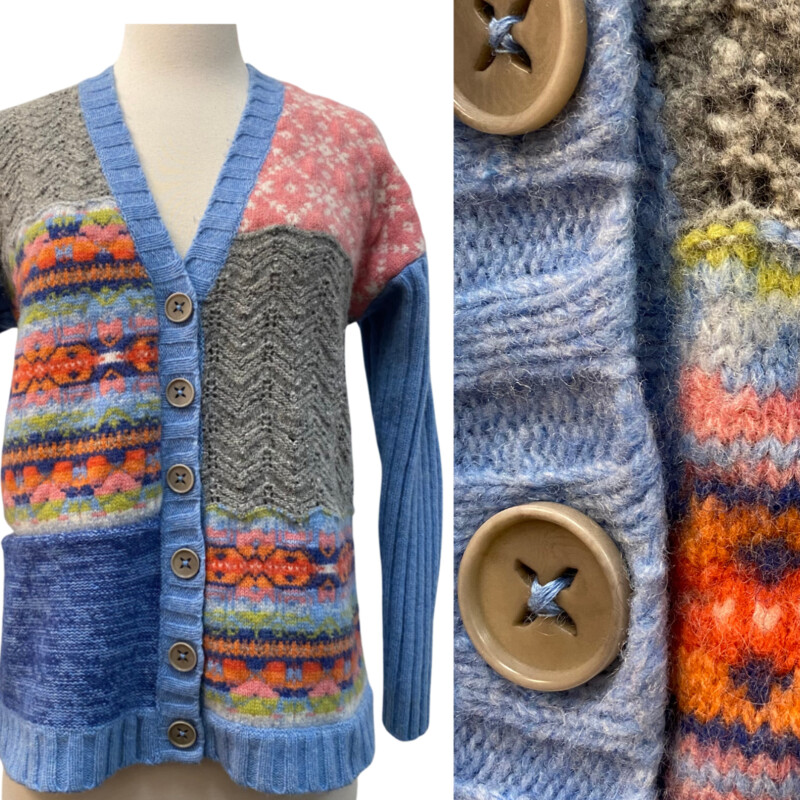 Sundance Cardigan
Wool and Angora Blend
Patchwork Design
Colors:  Sky, Gray, Pink, White, Orange and Lime
Size: Small