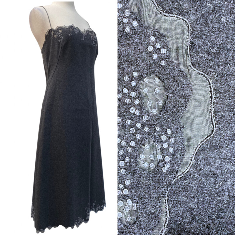 Tahari Wool Blend Dress<br />
Spaghetti Straps<br />
Silk Lining with Gorgeous Beading<br />
Color: Gray<br />
Size: 12