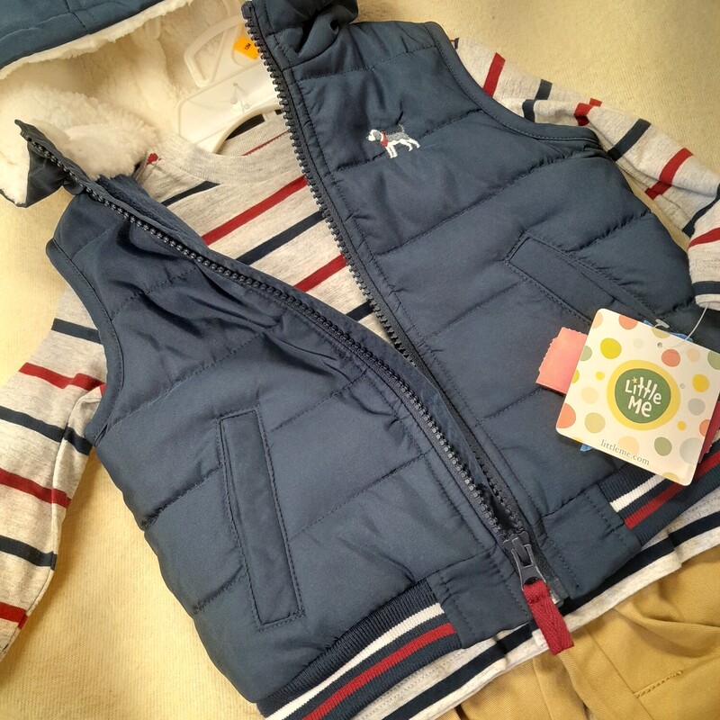 New With Tag 3 Piecec Long Sleeve Vest with hood Pant,, long sleeve striped shirt Navy Tan Gray , Size: 12m