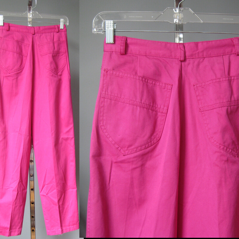 Present Co, Pink, Size: 9
Hot pink non-denim jeans by Present Co. with a high waist, pleated front, pockets and tapered legs


Button and zipper fly
Four working pockets and a fake coin pocket
unlined
No fabric tags but feels like  cotton or a cotton blend.
lightweight, flat woven
Excellent condition, no flaws

Marked size 9 - BUT will not fit a modern size 9/10 better for a modern size small, please use measurements provided below.
flat measurements:
waist: 13.25
hip: 22.5
rise: 12
inseam: 29.25
side seam 40

thanks for looking!
#58036
