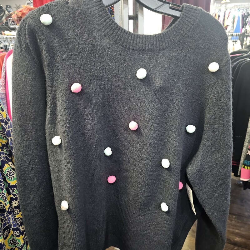 Brand new with tags, black long sleeve sweater adorned with cute little pom poms.