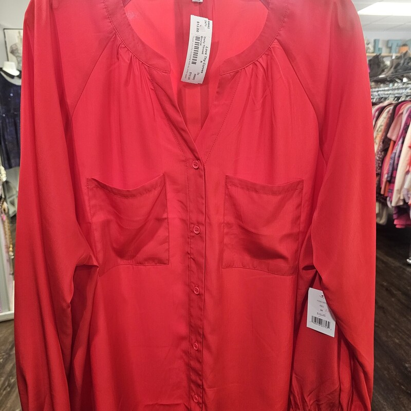 Long sleeve button up blouse in red with no lapel collar. Brand new with tags