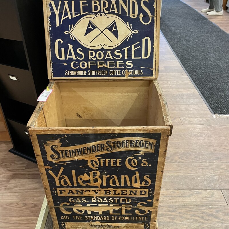 Yale Brand Coffee Crate
Size 15 1/2 wide x 13 1/2 deep x 21 tall
Steinwender-Stoffregen Coffee Co'original shipping crate for Yale Brands Coffee.  Nice paper advertising on three sides and on the inside of the lid.  It would make a great side table.