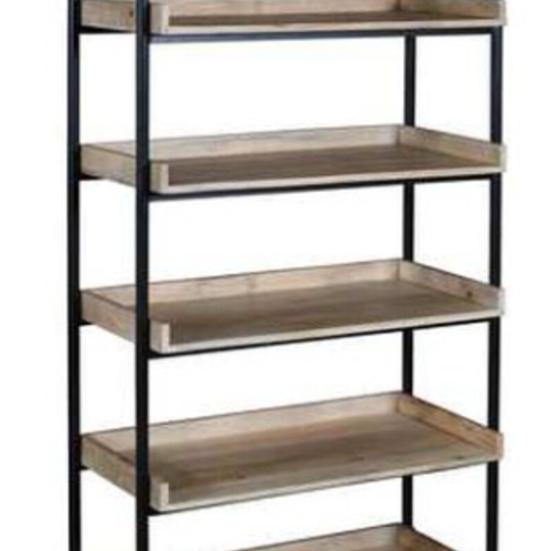 Kylene Etagere<br />
Tan Wood with Black Iron<br />
Size: 35x17x75H<br />
This etagere bookcase streamlines your living room with plenty of storage and a sleek industrial design. It is made with a tubular iron frame in a smooth black powder coated finish that is open and airy. The construction features five solid mango wood shelves ideal for organizing your collection of books, as well as displaying your favorite decor and plants.<br />
NEW Retail $925+