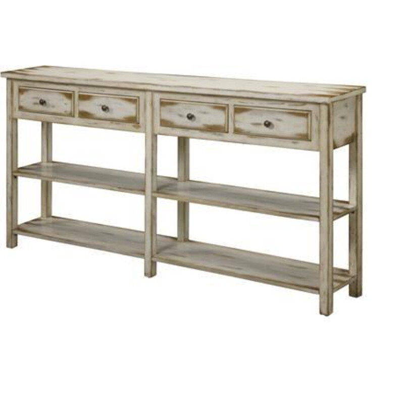 Distressed Wood Sofa Table
Distressed Cream and Tan Wood
Size: 72x12x35H
In an Ada Antique White rub-through finish, this console table has simple, straight lines that offer a relaxed, comfortable feel. There are two open shelves for plenty of display space, and four drawers for even more storage. This console is a functional addition with quiet grace.
NEW Retail $1309
