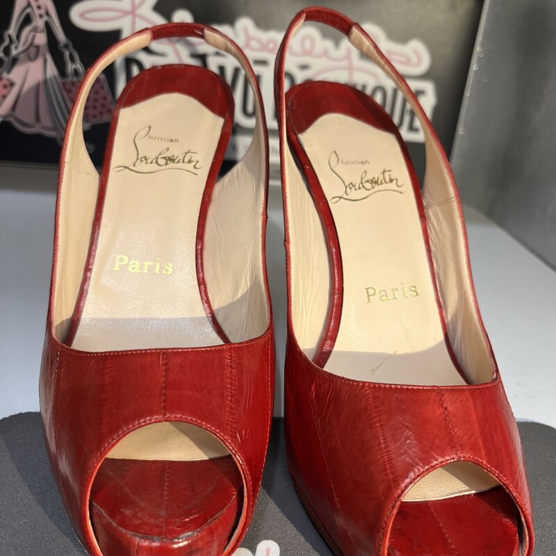 Authentic eel leather peeptoe slingbacks, Red, Size: 38.5 in Excellent preloved condition! Brand New lifts very minimal wear on iconic red leather bottom.