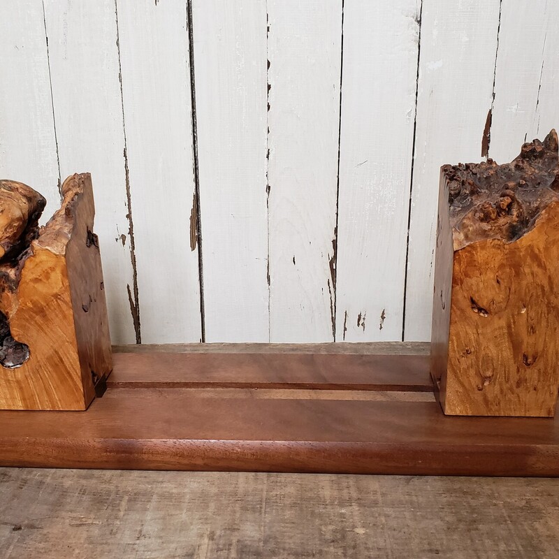 Burl Wood Bookends, Ends are adjustable. Brown, Size: 18x5x8