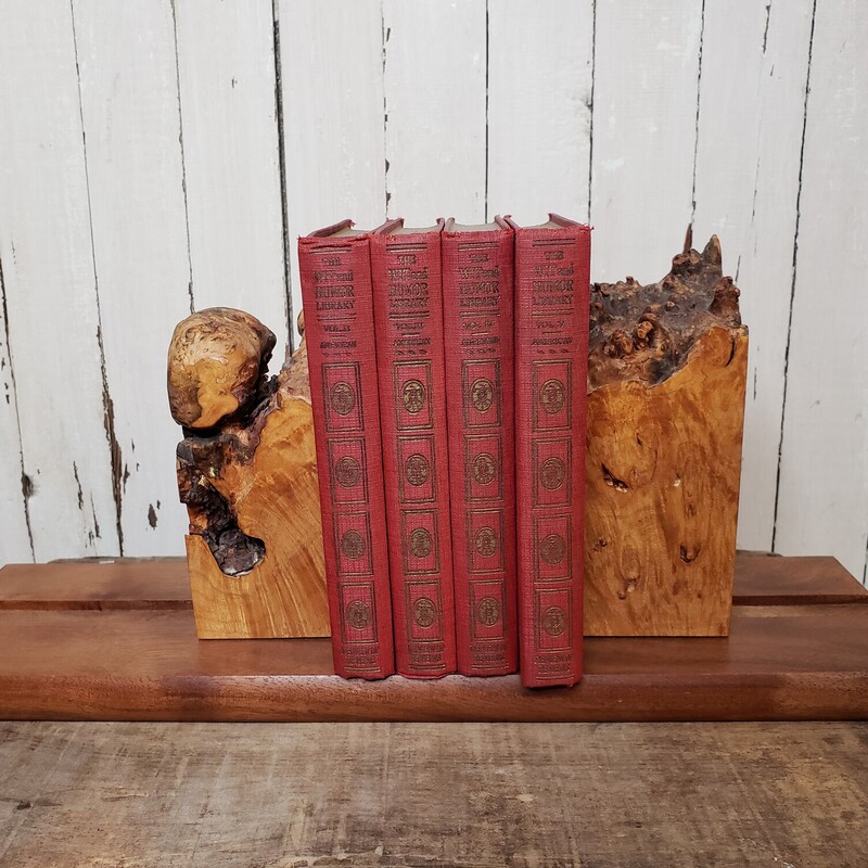 Burl Wood Bookends, Ends are adjustable. Brown, Size: 18x5x8