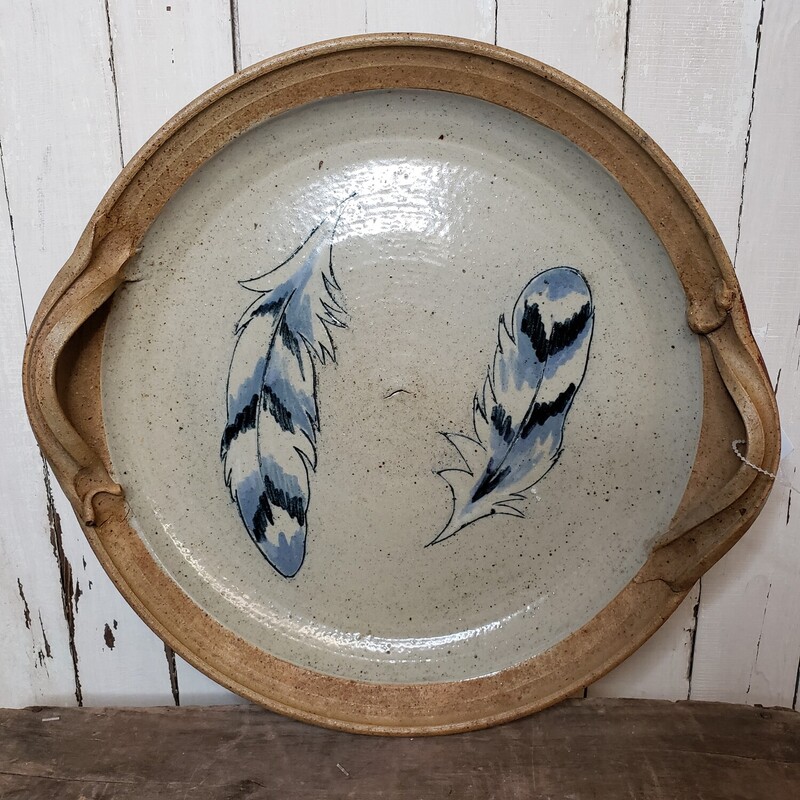 Ceramic Tray Feathers, None, Size: 14.5in diameter.