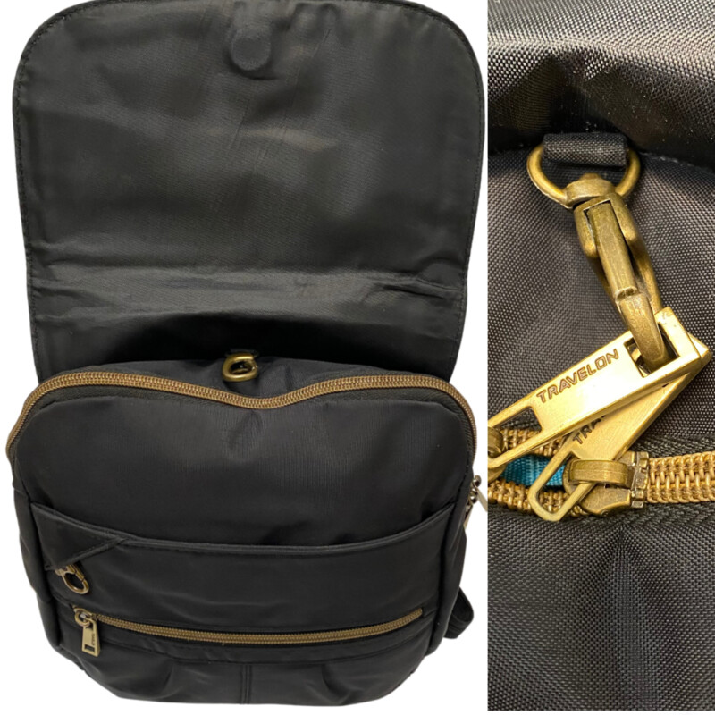 Travelon Anti-Theft Signature Backpack<br />
Ample space to carry an iPad, 2 interior zippered wall pockets and a drop pocket. The backpack is made from durable water and stain resistant nylon material with antique brass finished hardware.
