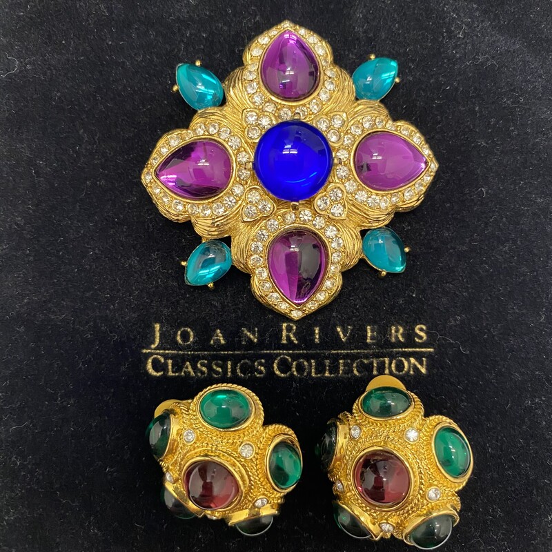 Collectible Joan Rivers Brooch and Earring Set
Gold Tone with Jewel Colored Gems
Clip On Earrings