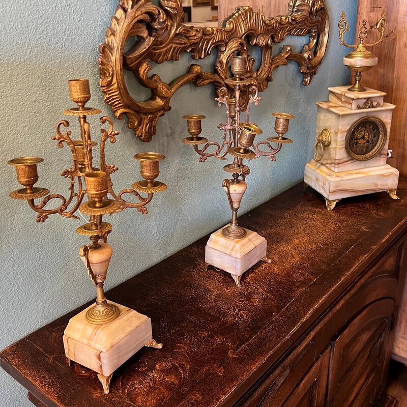 Antique French 3 Pc  Set, Brass & Marble