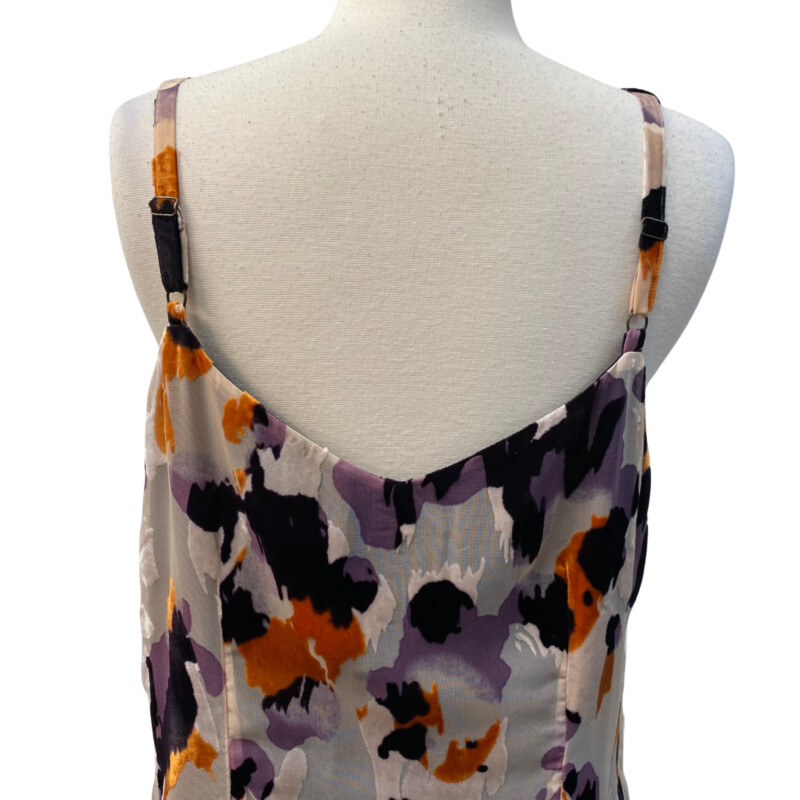 CAbi Radiant Velvet Burnout Dress<br />
Sleeveless<br />
Colors: Plum, Orange and Cream<br />
Size: Medium