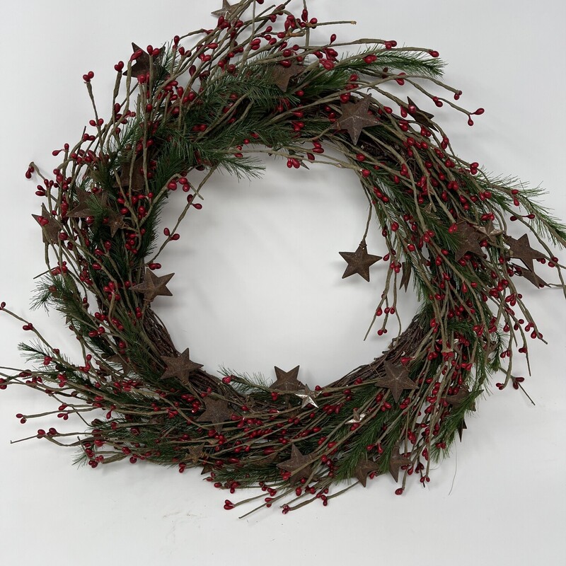 Christmas Wreath  With Berry & Star Accents
Brown / Grape Vine
Size: 15 In