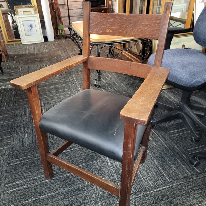 Antique Mission Oak Chair in Excellent Condition.    At some point; restored & Re-upholstered.  Measures 25' wide; 20' deep; 38' tall.