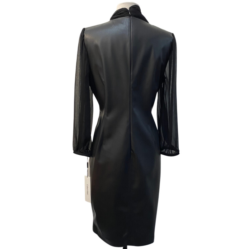 NEW Calvin Klein Dress<br />
Vegan Leather with Sheer Sleeves and Neck Tie<br />
Black<br />
Size: 12