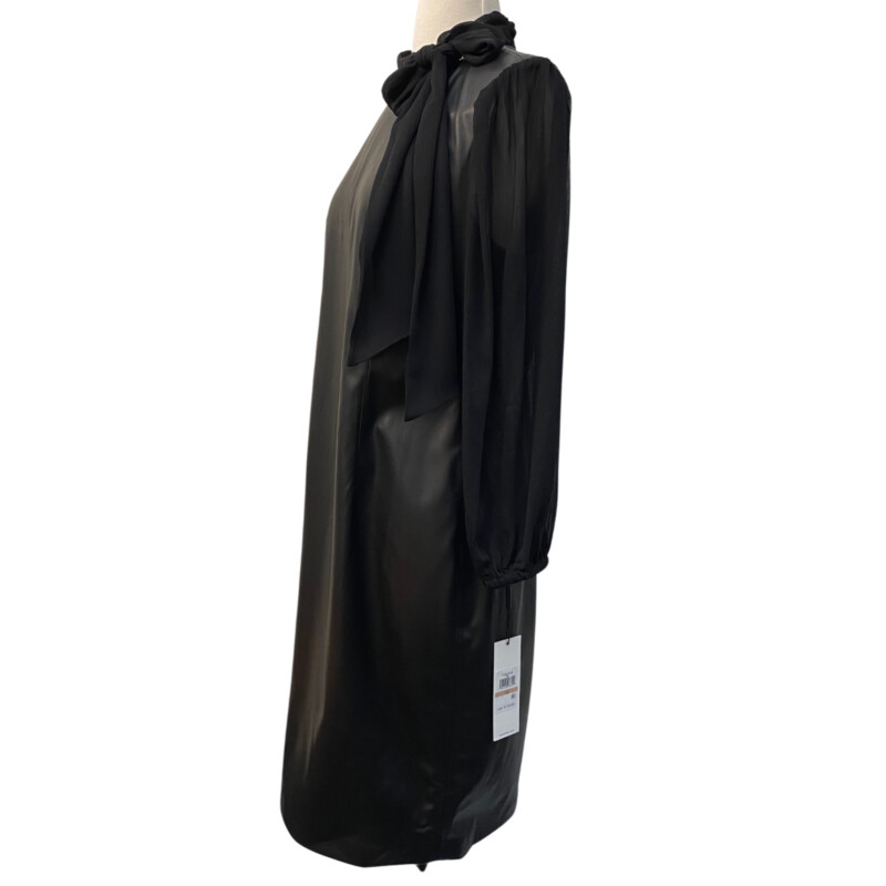 NEW Calvin Klein Dress<br />
Vegan Leather with Sheer Sleeves and Neck Tie<br />
Black<br />
Size: 12