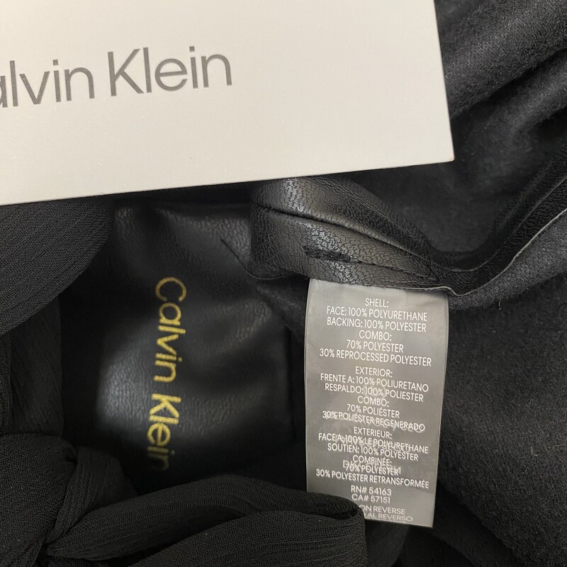 NEW Calvin Klein Dress
Vegan Leather with Sheer Sleeves and Neck Tie
Black
Size: 12