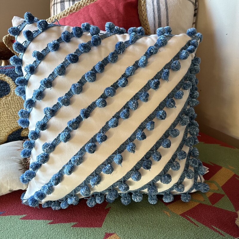 Eastern Accents White with Blue Pom Pom Accents

 Size: 19x19