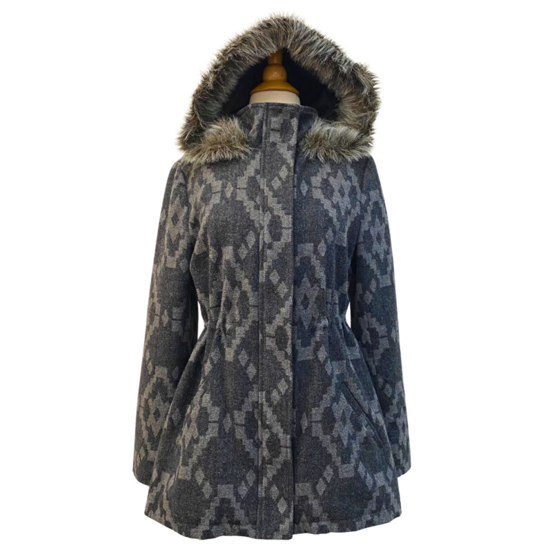 Jack Wool Blend Southwest Style Jacket
Gray and Charchoal
Hood with Faux Fur
Size: Medium