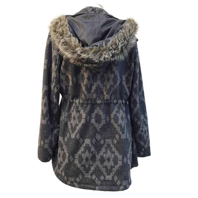 Jack Wool Blend Southwest Style Jacket
Gray and Charchoal
Hood with Faux Fur
Size: Medium