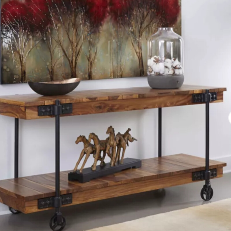 Kingston Industrial Console
Brown Sheesham Wood with Black Iron Hardware
Size: 63x18x30H
Retail $975+