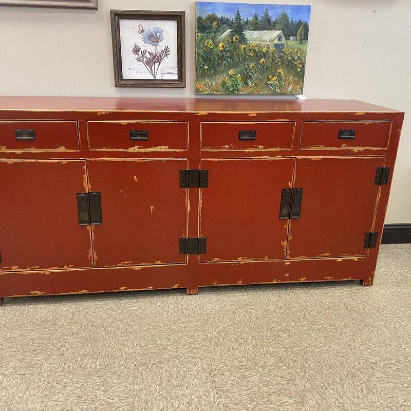 Four Hands 4 Door, 4 Drawer Cabinet, Red, Size: 78x20x37