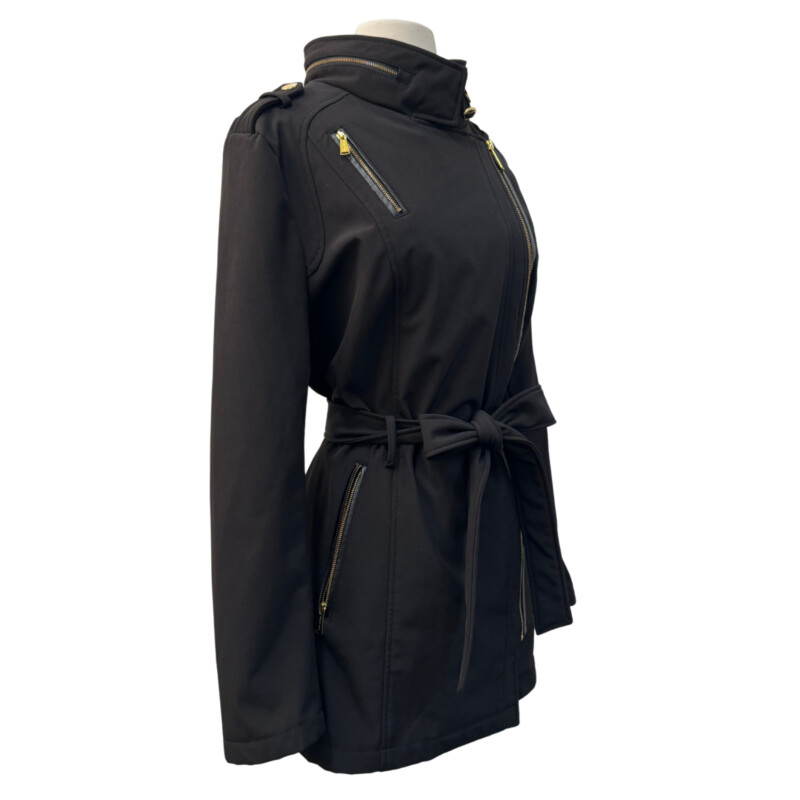 Michael Kors Assymetrical Zip Jacket<br />
Fleece Faux Fur Lining for Coziness!<br />
Hidden Hood<br />
Belted waist<br />
Water Resistant<br />
Color: Black<br />
Size: XL