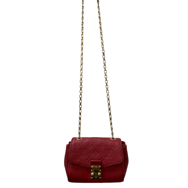 Louis Vuitton St Germain, Red, Size: BB<br />
Louis Vuitton Crossbody Bag<br />
From the 2016<br />
Red Empreinte Leather<br />
Brass Hardware<br />
Chain-Link Shoulder Strap<br />
Leather Trim Embellishment<br />
Alcantara Lining & Single Interior Pocket<br />
Push-Lock Closure at Front<br />
<br />
Dimensions:<br />
Height: 5.75<br />
Width: 7<br />
Depth: 2.75<br />
Some minor wear on corners