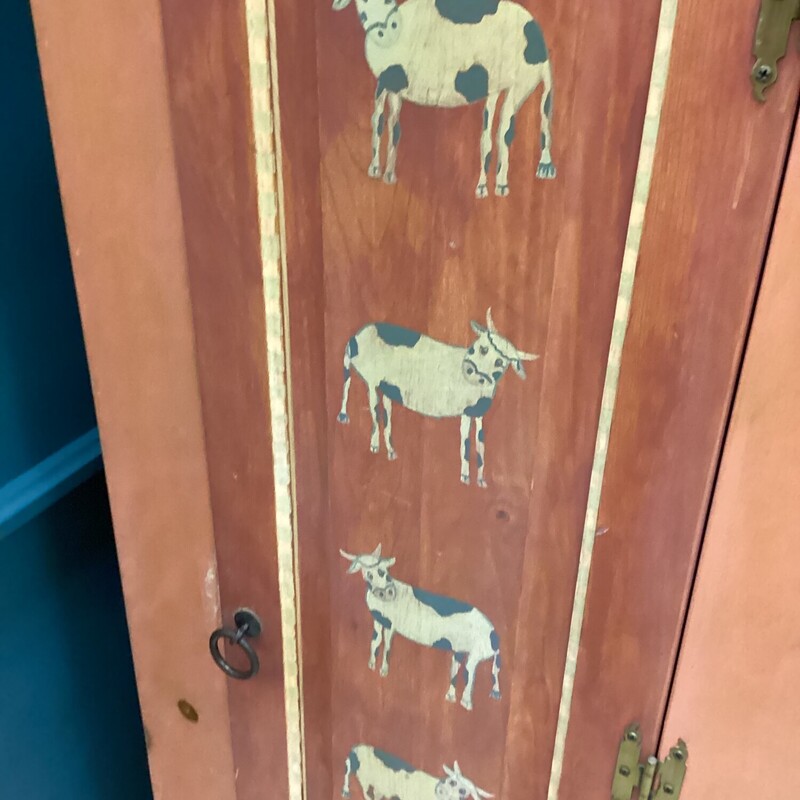 Wood Cabinet W/ Cows, Peach, 1 Door<br />
23in wide x 13in deep x 53in tall