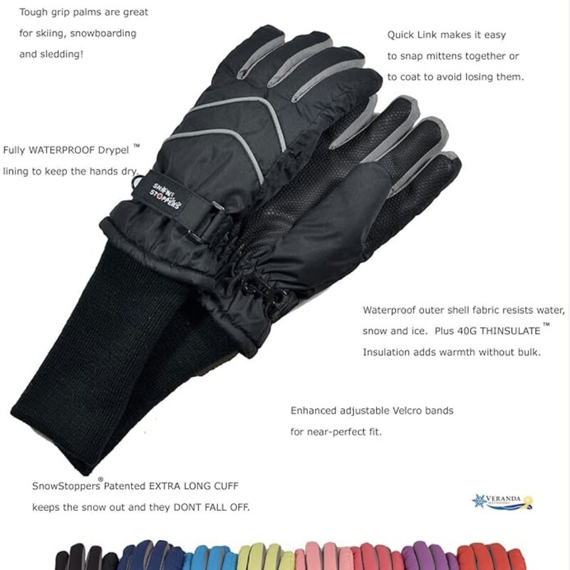 Snowstoppers Nylon Glove, Black, Size: Age 8-12Y<br />
100% Waterproof<br />
40 Grams Thinsulate<br />
Great for Skiing, Snowboarding, Sledding & Playing in the Snow!